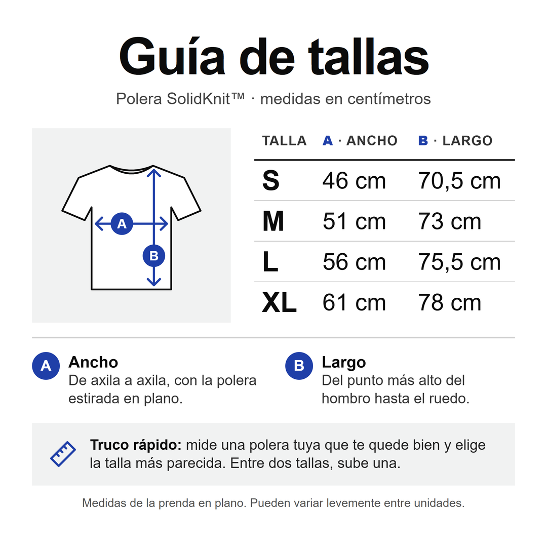 Guía de tallas de la polera, ancho por largo en centímetros: S 46 × 70,5; M 51 × 73; L 56 × 75,5; XL 61 × 78