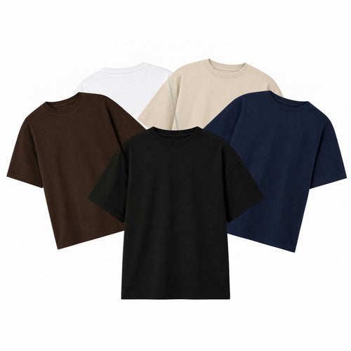 Pack de 5 poleras Sólido: blanca, beige, chocolate, azul marino y negra