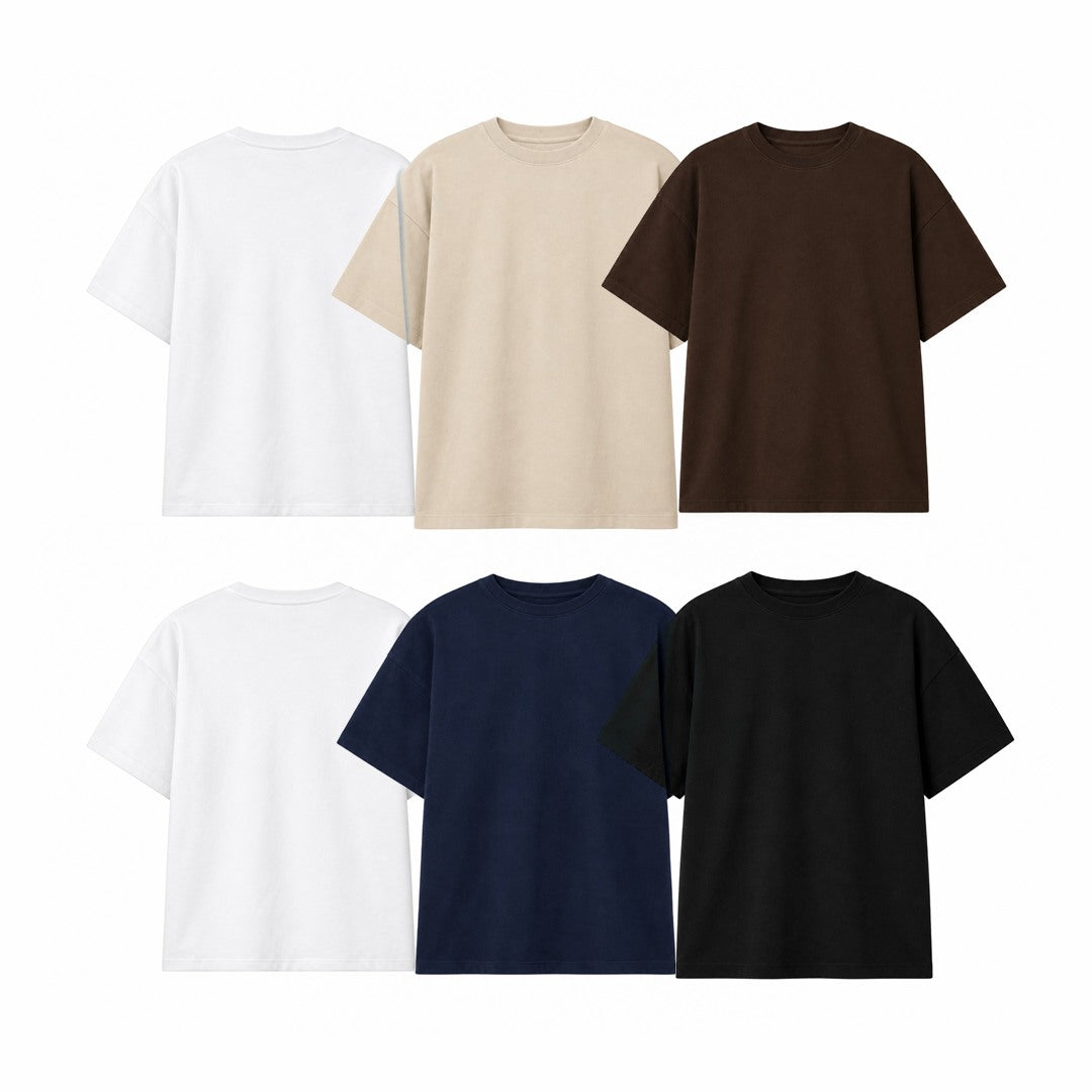 Pack de 6 poleras Sólido: dos blancas, beige, chocolate, azul marino y negra