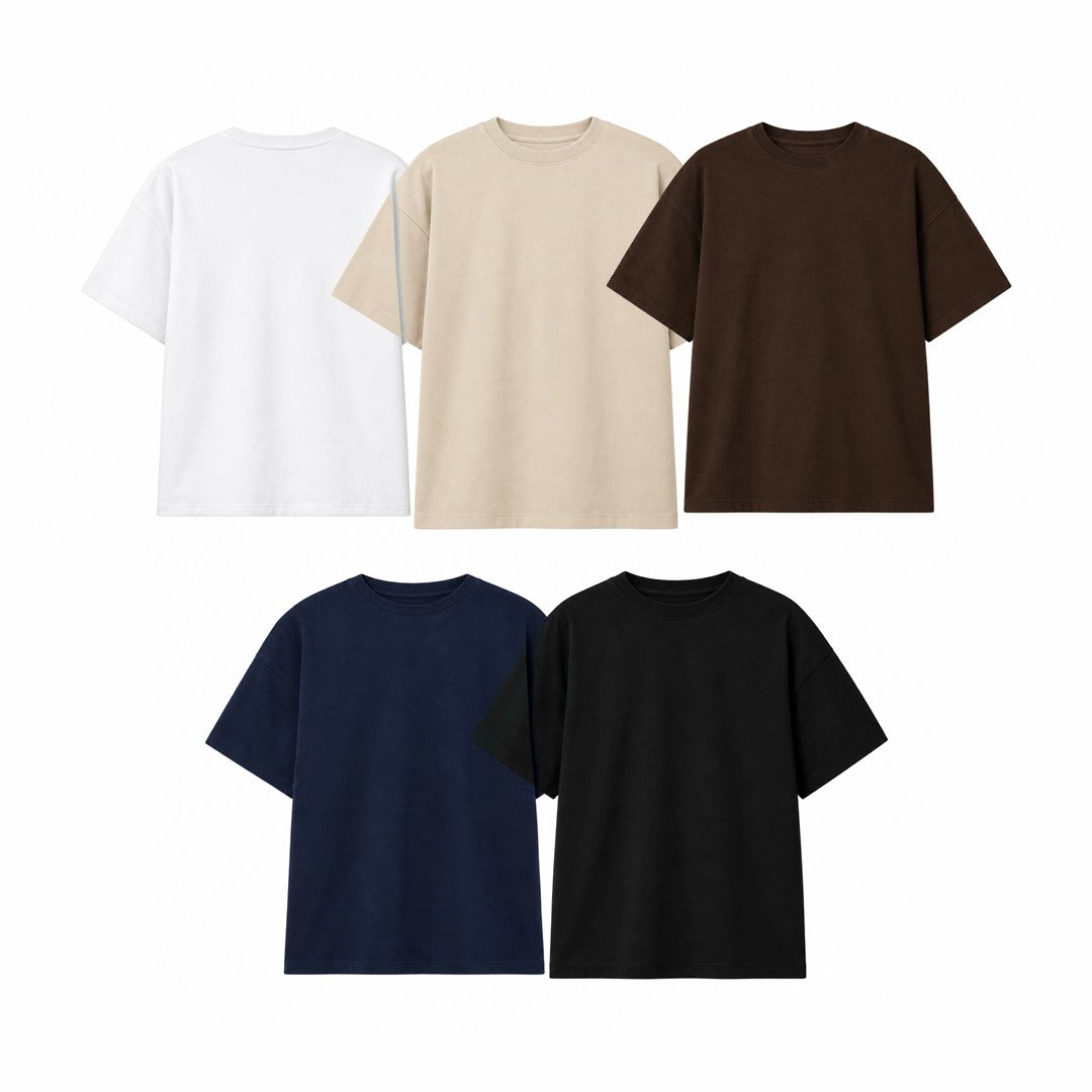 Los cinco colores de la polera Sólido: blanco, beige, chocolate, azul marino y negro