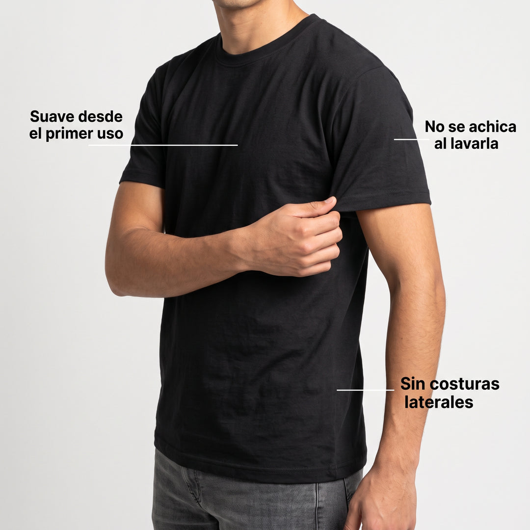Detalle de la polera negra: suave desde el primer uso, no se achica al lavarla, sin costuras laterales